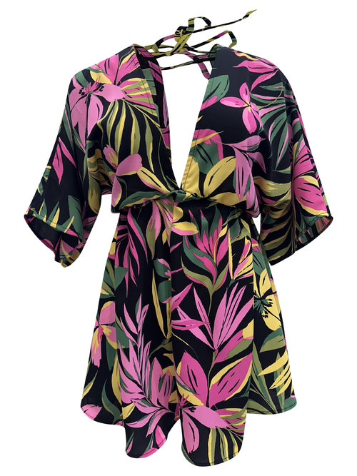 Romper with tropical print V neck tie up back