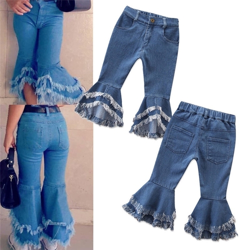 Fashion Kids Girls Denim Long Pants Solid Elastic