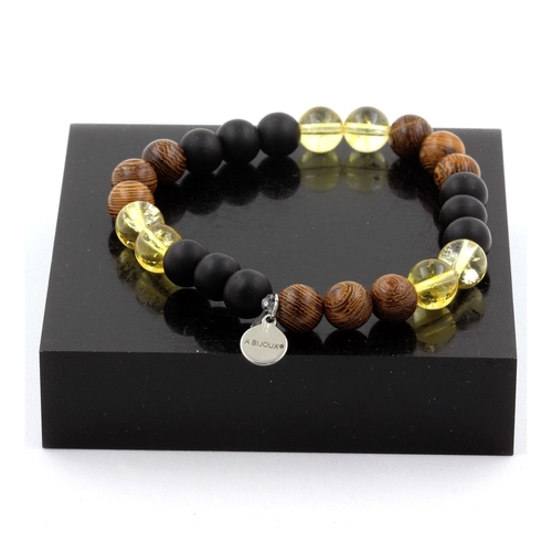 Citrine + Matte Black Onyx + Wood Bracelet 8 mm Beads.