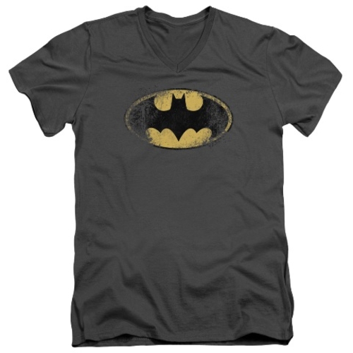 Trevco Batman-Destroyed Logo - Short Sleeve Adult 30-1 Tee - Charcoal-