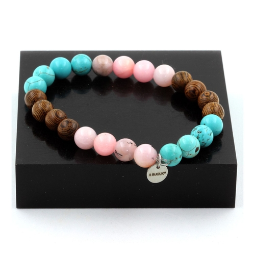 Pink Opal + Turquoise + wood Bracelet 8 mm Beads.