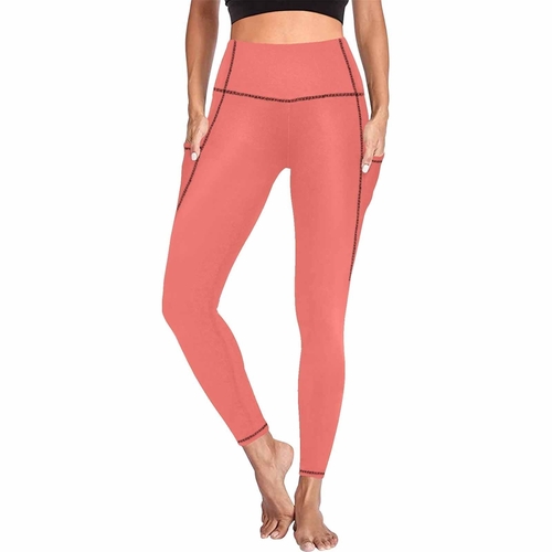 Womens Leggings with Pockets - Fitness Pants / Pastel Red