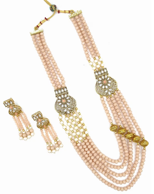 Gold-Plated Stone-Studded Necklace & Earrings Set Long Peach Beads