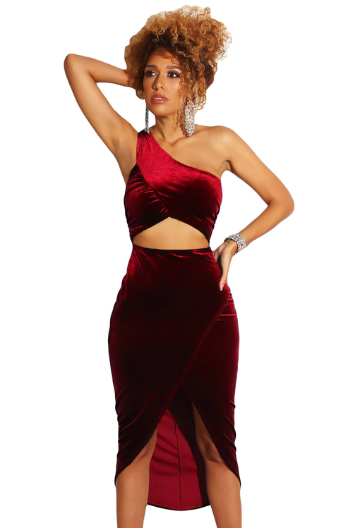 Burgundy False-2-pc One Shoulder Velvet Dress