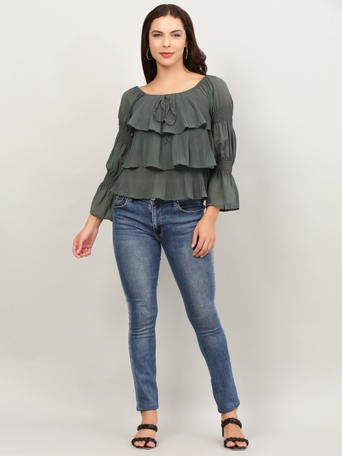 Women Pleated Top (Size-M) (Color-GREEN)