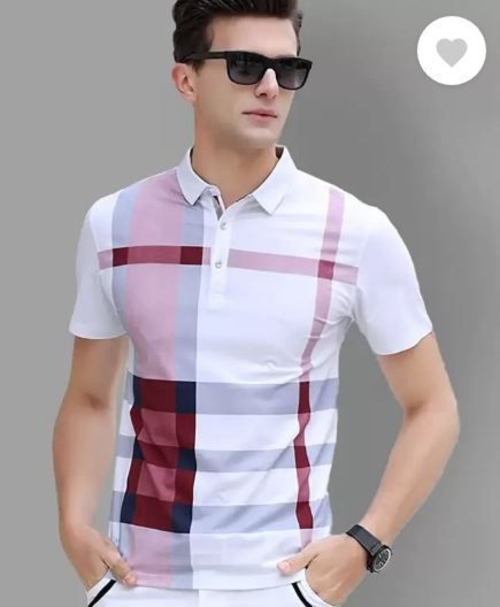 Men Striped Polo Neck Cotton Blend White, Maroon T-Shirt M
