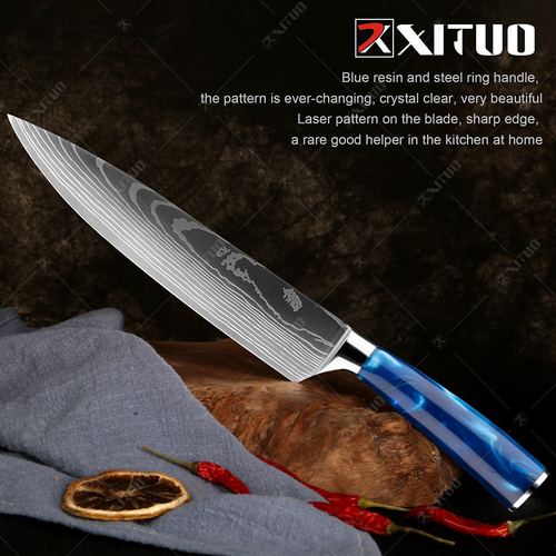 XITUO kitchen knives Set Exquisite blue resin handle Laser Damascus pa