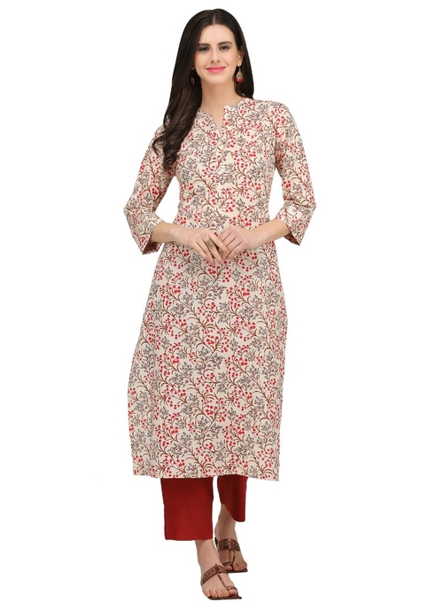 Offwhite And Multi Color Cotton Slub Kurti