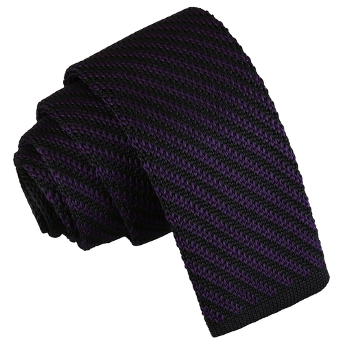 Diagonal Stripe Knitted Skinny Tie - Black & Purple