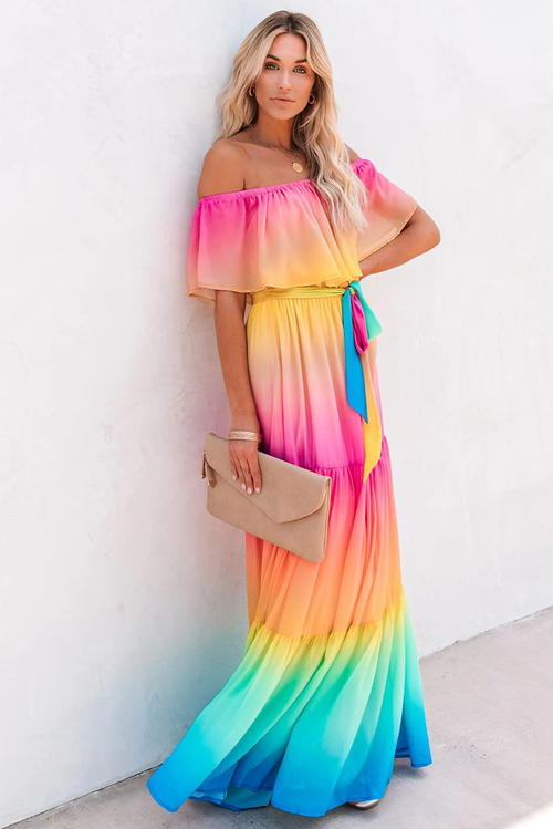 Rainbow Skies Off-the-shoulder Tiered Maxi Dress