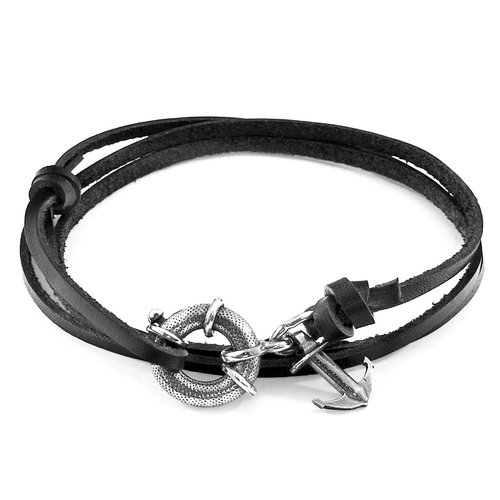 Coal Black Clyde Anchor Silver & Flat Leather Bracelet