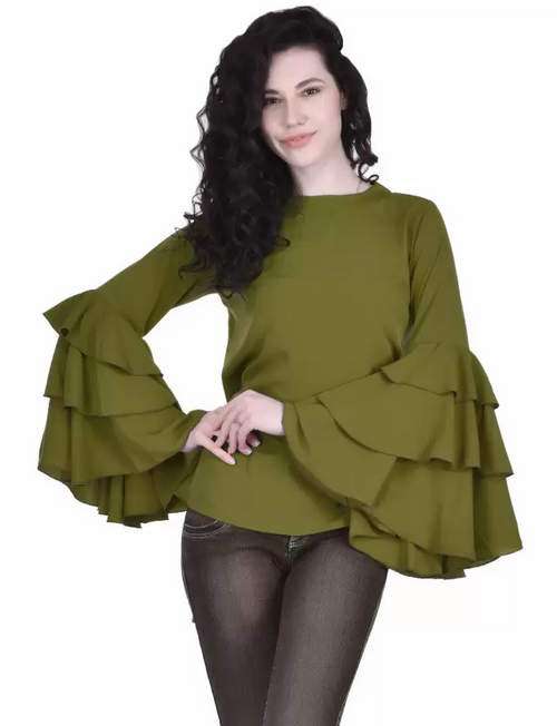 Casual Bell Sleeves Solid Women (Size-L) MEHANDI)