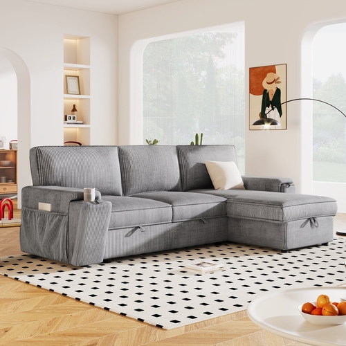 Upholstery Sleeper Sectional Sofa with Storage Bags and 2 cup holders 