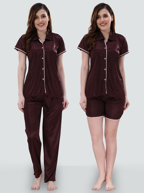 Romaisa Women's Satin Solid Brown Top and Pyjama with Shorts