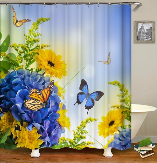 Blue And Yellow Flowers ft. Butterflies Shower Curtain