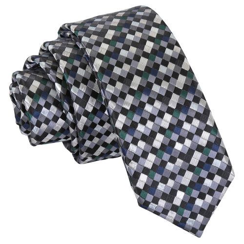 Chequered Geometric Skinny Tie - Silver with Black, Green and Navy