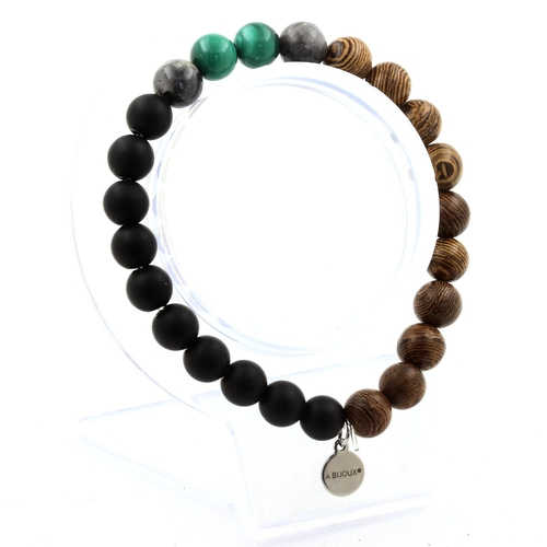 Malachite + Labradorite + Matte Black Onyx + Wood Bracelet 8 mm Beads.