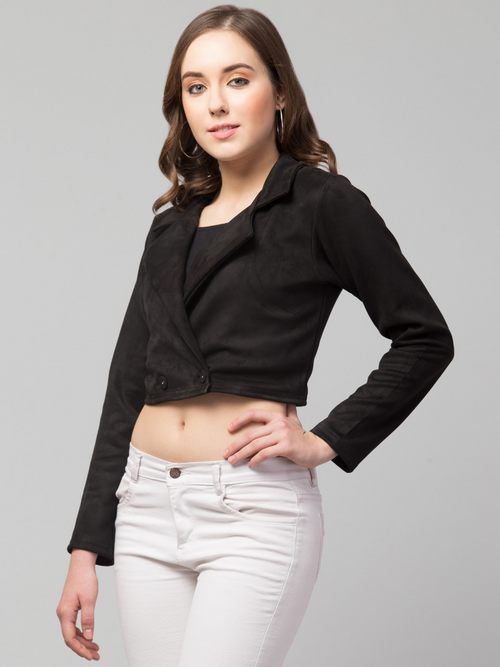 Women Solid Double-Breasted Casual Suede Blazer (Color Black) (Size L)