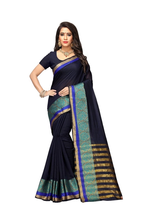 Generic Women's Cotton Silk Saree(Navy Blue, 5.5-6