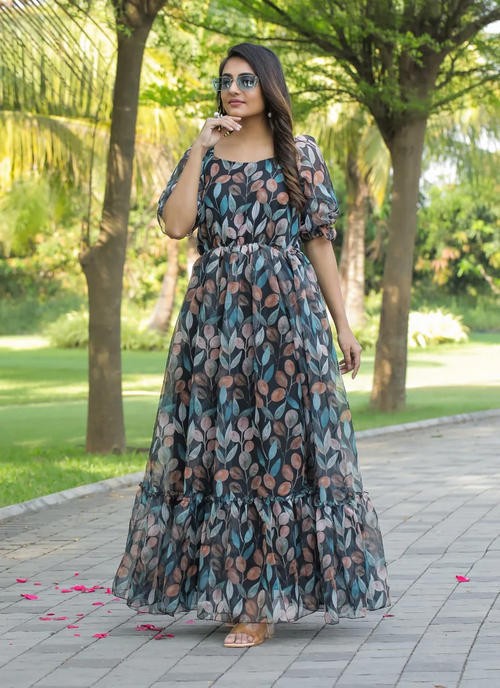 Elegant Georgette Maxi Dress with Ruffle Flair (Size-M) (Color-BLACK)
