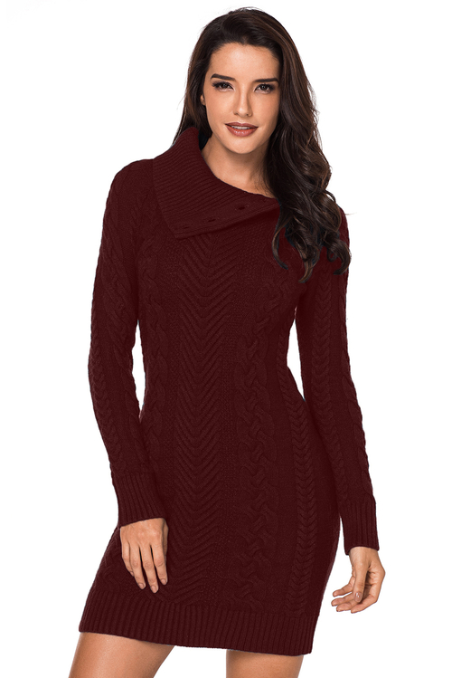 Asymmetric Buttoned Collar Burgundy Bodycon Sweater Dress