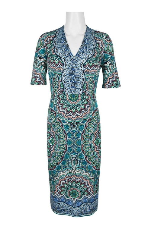 London Times V-Neck Short Sleeve Multi Print Jersey Dress