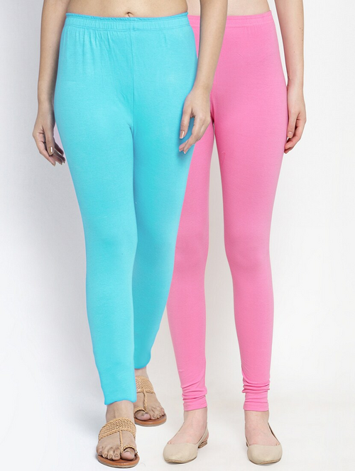 Women's Solid Ankle-Length Leggings (Pack of 2)(SizeS)(ColorBlue &