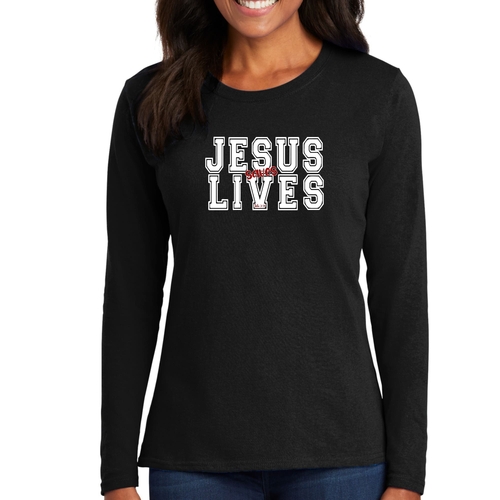 Womens Long Sleeve Graphic T-shirt - Jesus Saves Lives White Red