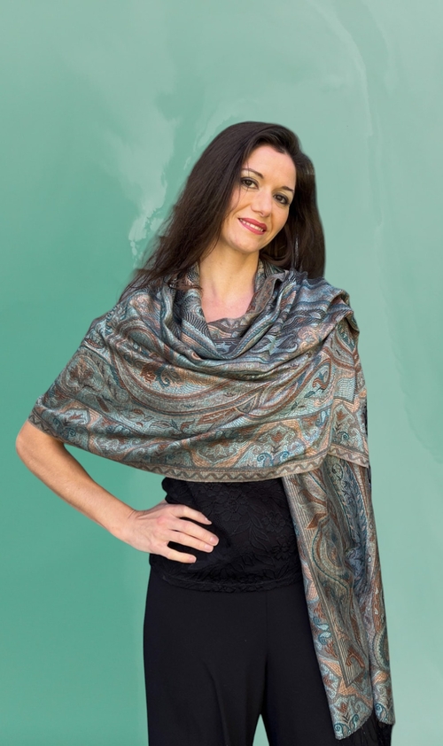 Teal and Gold Jamawar Pashmina Scarf