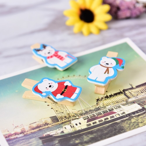 10pcs Christmas White Snow Bear Wood Clips For