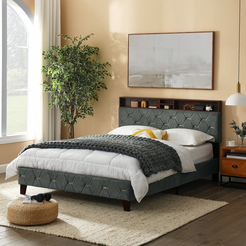 Queen Size Bed Frame, Shelf Upholstered Headboard, Platform Bed with