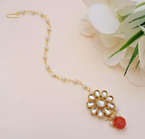 Red DESIGNER GOLD POLISH FLORAL MAANGTIKA FOR WOMEN AND GIRLS