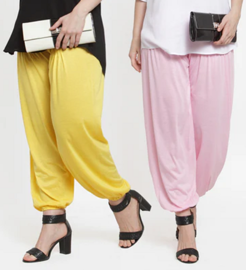 "Effortless Charm: Yellow Light Pink Viscose Lycra Harem Pant"