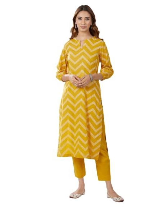Women's Mustard Cotton Printed Straight Kurta with Pant set size S