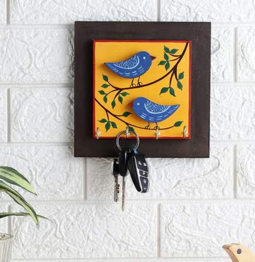 Hand Painted Blue Bird Yellow Wooden Square Key Holder