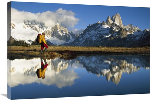 24 x 36 in. Hiker, Cerro Torre & Fitzroy Reflected in Small Pond A