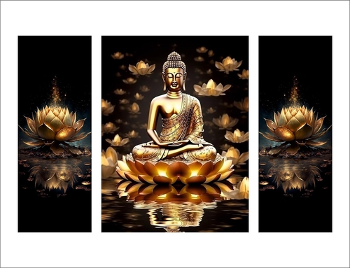 Painting Set of 3 Buddha Sitting on Lotus UV Textured Home Decorative