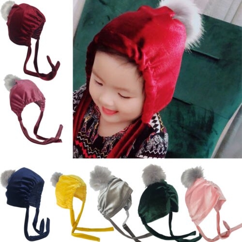 Toddler Winter Fur Pom Pom Velvet Beanie Hat Baby