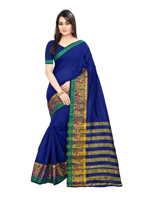 Generic Women's Cotton Silk Saree(Blue, 5.5-6 Mtr)