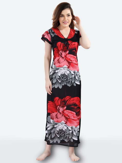 Romaisa Women's Satin Floral Red Maxi Length Nightgown