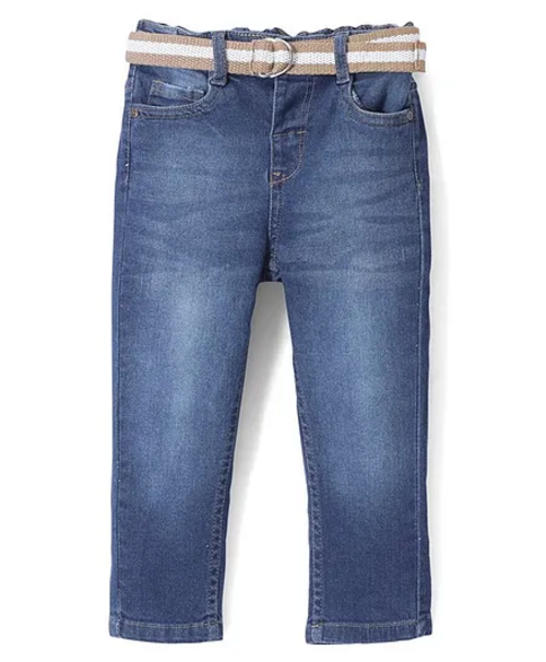 Full Length With Stretch Denim Washed Jeans With Belt - Blue