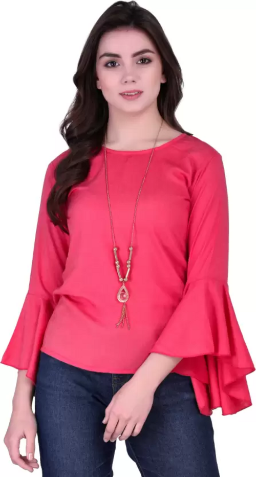 Party Bell Sleeves Solid Women Top (Size-S) PINK)