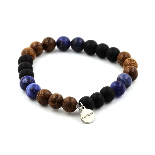 Sodalite + Matte Black Onyx + Wood Bracelet 8 mm Beads.