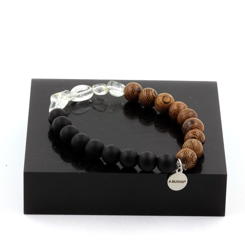 Topaz from Brazil + Matte Black Onyx + wood Bracelet 8 mm Beads.
