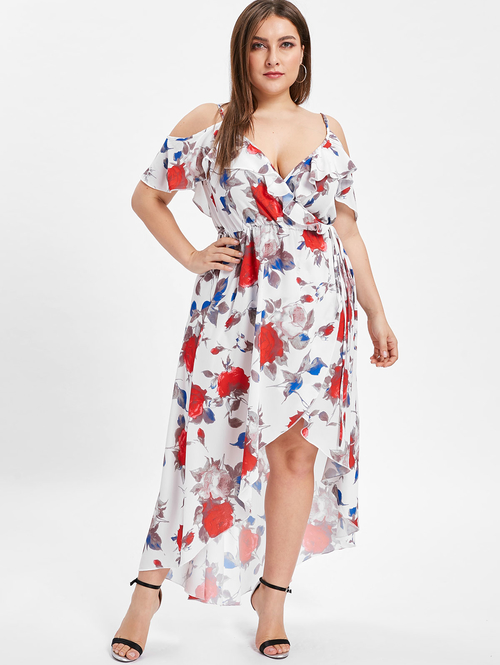  Plus Size Ruffle Trim Floral Print Slip