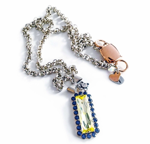 Yellow and blue crystal necklace with silver plated brass.