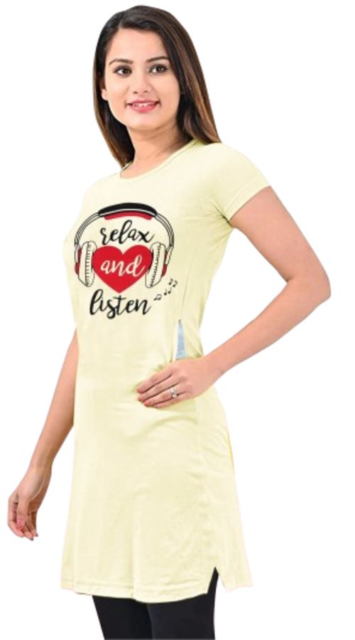 Women's Light Yellow  Long Round Neck Tshirt with Two Size Cut Size L