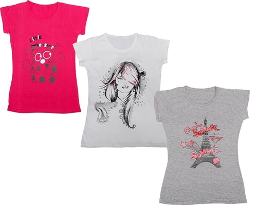  Girls Cotton Printed T-Shirts Pack of 3