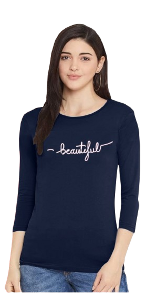 Women's Navy Blue Round Neck 3/4 Sleeves Tshirt Size S