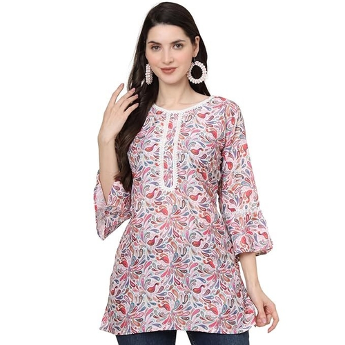 Womens Lightweight Casual 3/4 sleeve  Cotton Digital Printed Tunic Top